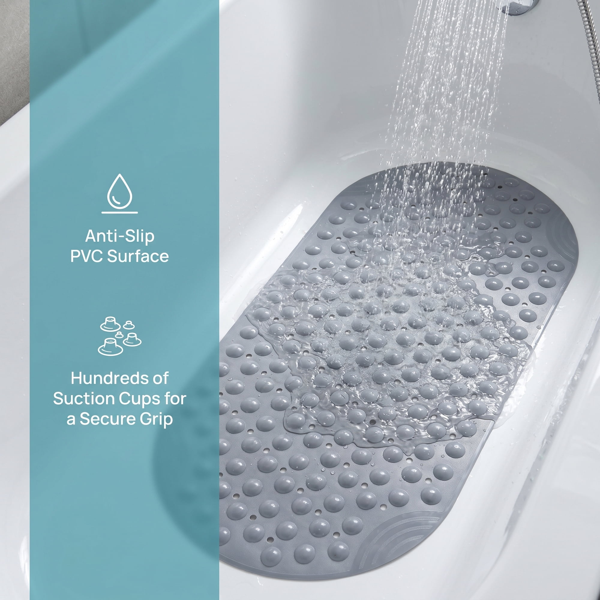 Unique Bargains Bathtub Mat Non-Slip Strong Suction Cups with Drain Holes Gray 35" x 16"