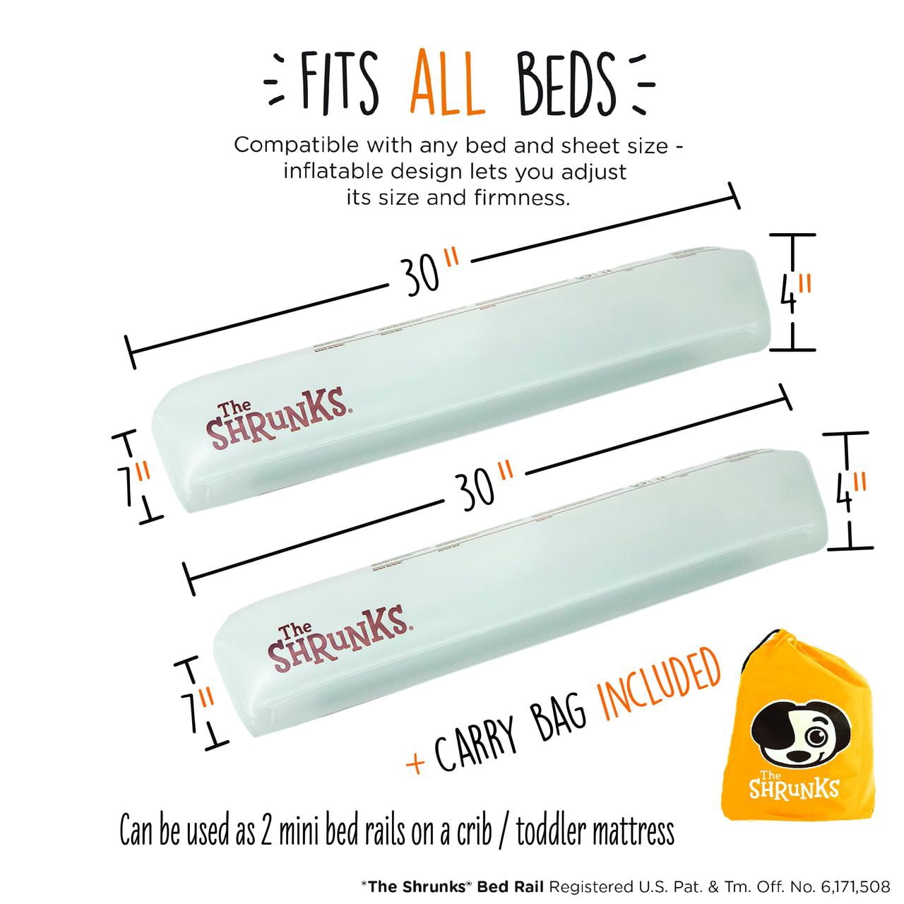 The Shrunks Convertible Inflatable Crib Bed Rail for Toddlers, Toddler Beds, Twin, Full, Queen, King Size Beds | Portable Bed Rail for Travel or Home | Bed Guard Rail for Kids | 2 Mini Rails