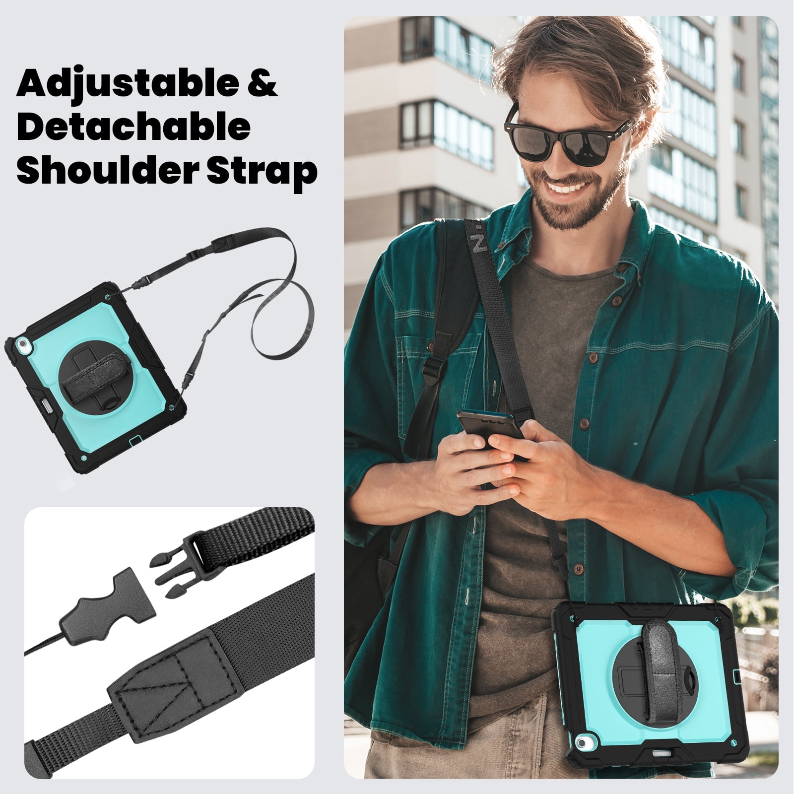 Allytechgroup iPad Air 13 2024 Case with Screen Protector / Shoulder Strap/ Pencil Holder, Heavy Duty Shockproof Rugged Handle Kickstand Bumper Case Cover for Apple iPad Air 13 Inch 2024 M2,Skyblue