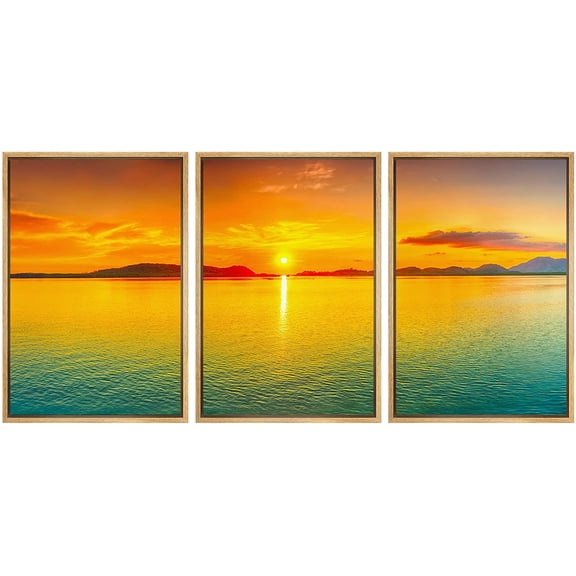 wall26 Framed Canvas Print Wall Art Set Duotone Orange Green Summer Ocean Sea Nature Wilderness Photography Realism Decorative Landscape Colorful for Living Room, Bedroom, Office - 24"x36"x
