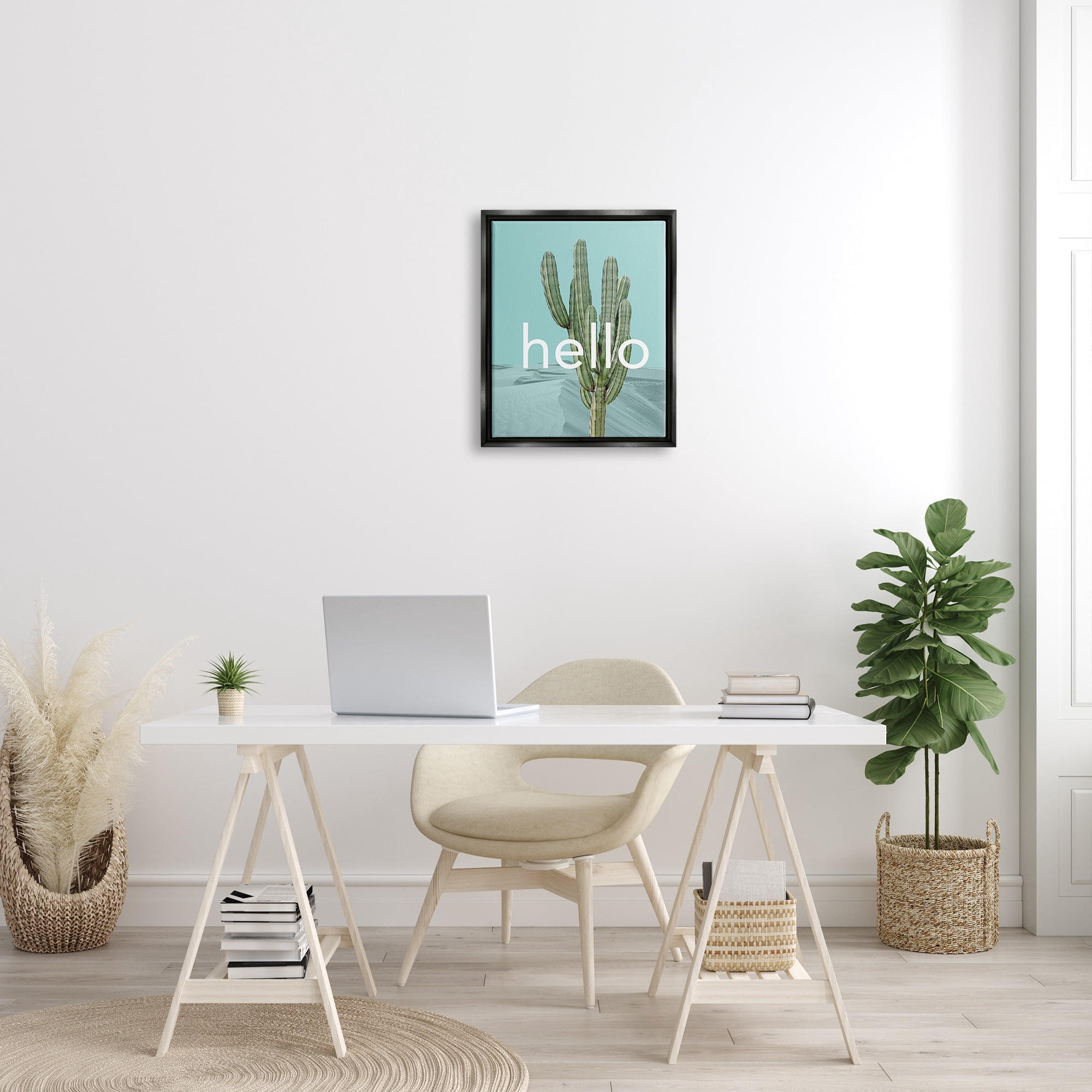 Stupell Industries Bold Hello Cactus Greeting Blue Desert Dunes Graphic Art Jet Black Floating Framed Canvas Print Wall Art, Design by J. Weiss