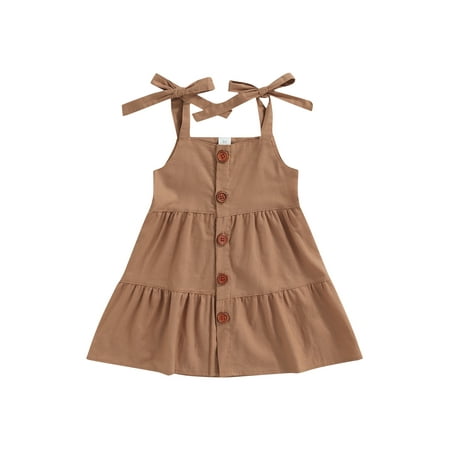 

Frobukio Kids Toddler Girls Tie-up Sleeveless Summer Dress Solid Color Boat Neck One Piece Dress Princess Dress Coffee 12-18 Months