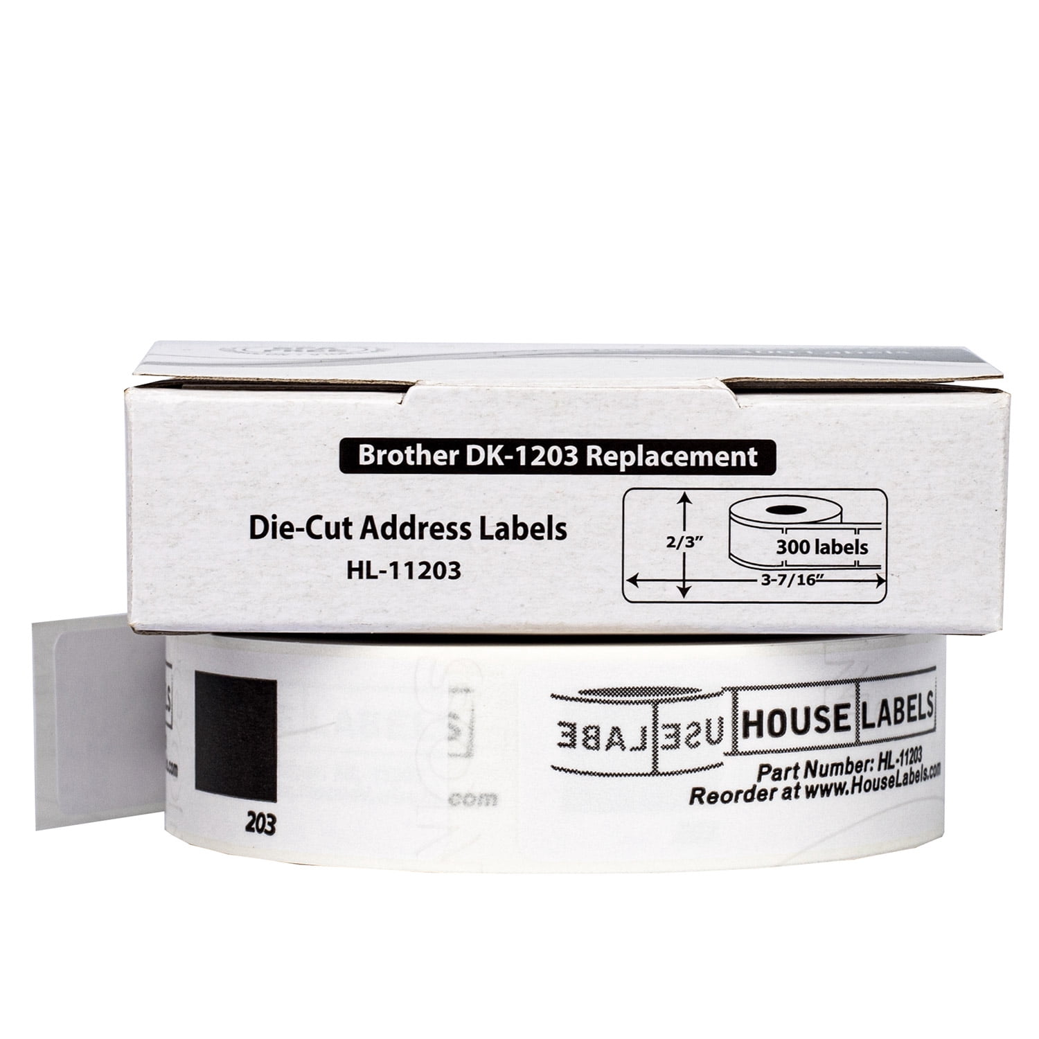 HOUSELABELS Compatible with DK-1203 Replacement Roll for Brother QL Label Printers; 300 Address Labels; 2/3" x 3-7/16" (17mm*87mm) with 1 REUSABLE CARTRIDGE - 16 Rolls