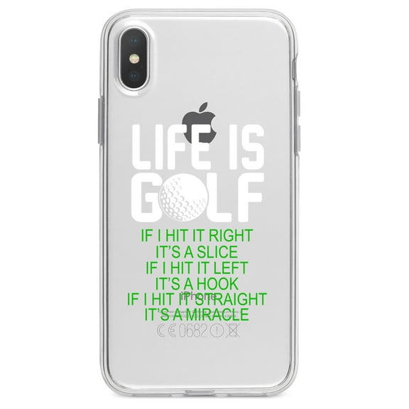 DistinctInk Clear Shockproof Hybrid Case for iPhone X / XS (5.8" Screen) - TPU Bumper Acrylic Back Tempered Glass Screen Protector - Life is Golf Slice Hook Straight Miracle