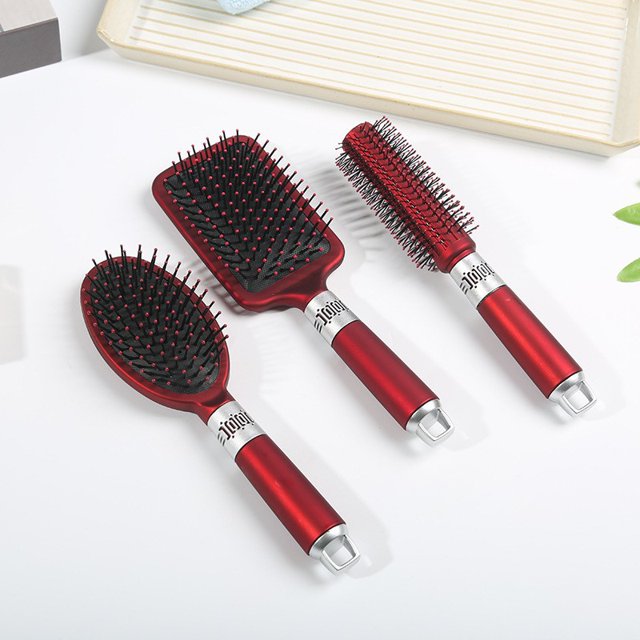 Juego de 3 cepillos de pelo para cabello rizado para mujeres – cepillo y peine de bambú húmedo o seco para hombres, cepillo desenredante de madera para cabello grueso reduce el encrespamiento en 3 piezas Rojo Verde