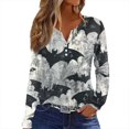 thumbnail image 1 of Camisa Henley de manga larga con estampado de murciélago de Halloween para mujer: blusa informal con cuello en V y botones, 1 of 5