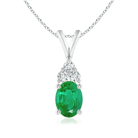 - Mother's Day Jewelry - Oval Emerald Solitaire Pendant with Trio Diamond in 14K White Gold (8x6mm Emerald) - SP0519E-WG-AA-8x6