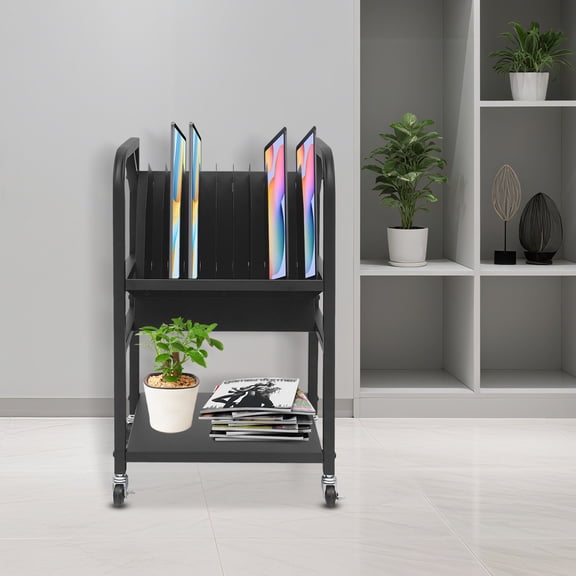 2-Tier Floor Standing Black Laptop Charging Cart Mobile Open Charging Carts with Removable Dividers