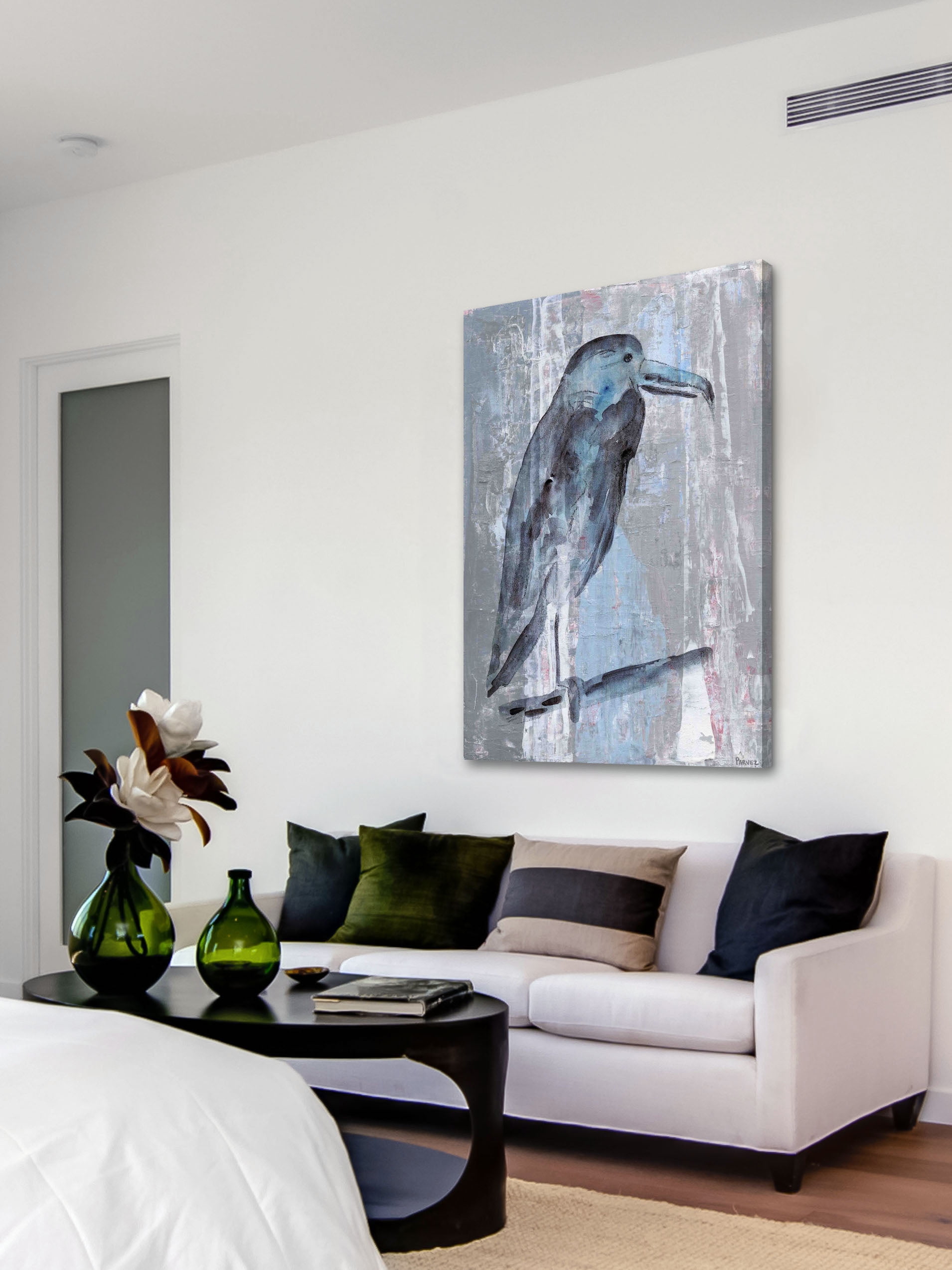 "Blue-Grey Bird" Painting Print on Wrapped Canvas