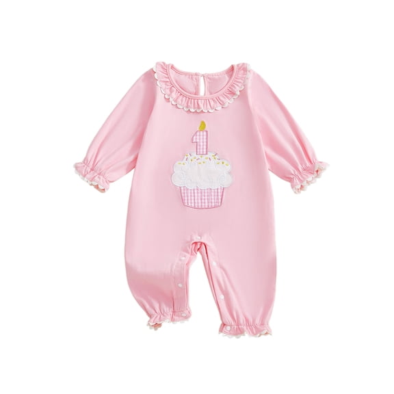 Qmyliery Baby Girls Birthday Romper Cake Embroidery Long Sleeve Ruffled Round Neck Full Length Jumpsuit