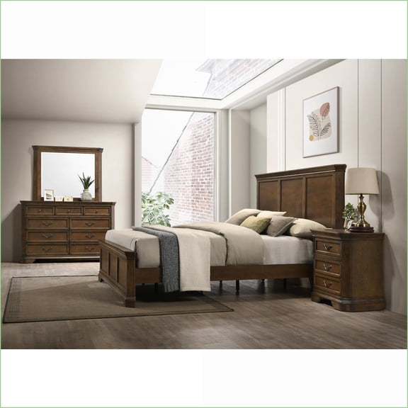 Bedroom Furniture Set, Traditional Queen Panel Bed with Dresser, Mirror, Nightstand, Antique Walnut Brown | Solid Wood | Standard Beds