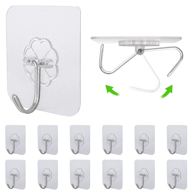 Amazopen Ganchos autoadhesivos: 12 paquetes de ganchos transparentes para puerta de pared, gancho adhesivo extrafuerte para colgar abrigos, toallas, llaves y más