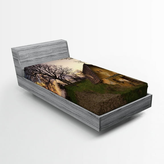 Ambesonne Rustic Fitted Sheet, Battered Stone House, Twin Size, Multicolor