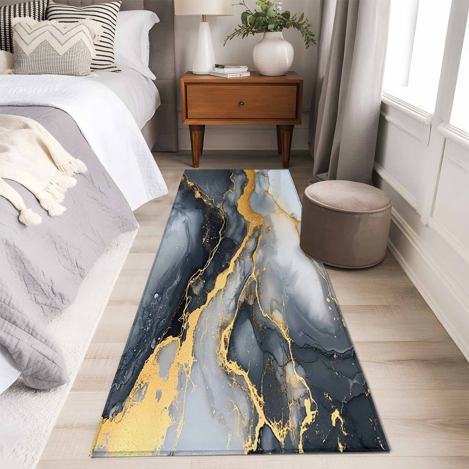2'x6' Rug Runners for Hallways Kitchen, Gray Marble Non Slip Entryway Beside Floor Carpet Runner, Yellow Modern Ink Painting Abstract Washable Laundry Room Bedroom Throw Rugs Mat for Family Pet
