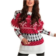 yievot Womens Ugly Christmas Sweater Ruffle Shoulder Long Sleeve Crew Neck Snowflake Colorblock Print Knit Pullover Sweater Tops