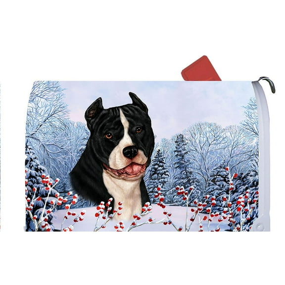 American Pit Bull Black/White - Best of Breed Dog Breed Winter Berries Mail Box Cover