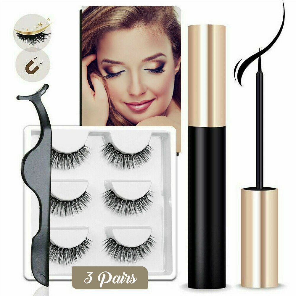 Eyelashes Waterproof Kit 3x False Eyelashes+Eyelashes Eyeliner