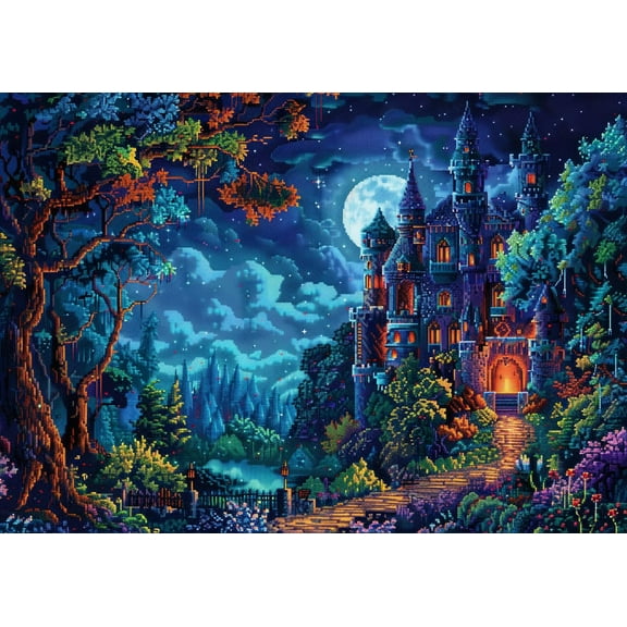 Castle Under Moonlight Scenery DIY 11CT Stamped Cross Stitch Kits for Beginners Easy Needlepoint Embroidery Counted Cross Stitch Art Craft for Wall Decoration 12x16inch(4)