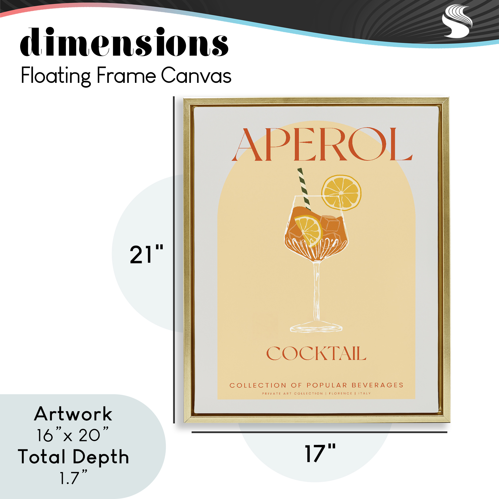 Stylish Retro Aperol Cocktail Gold Framed Floater Canvas Wall Art, design by Lil' Rue