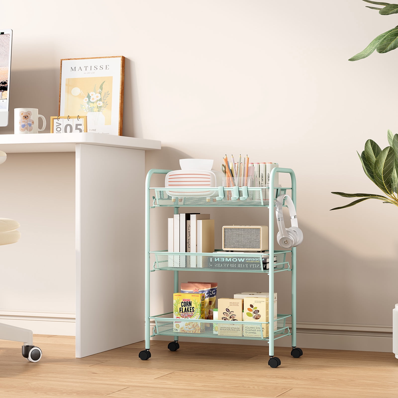 KK KINGRACK 3 Tier Rolling Cart Organizer, Metal Cart with Wheels, Utility Cart for Office Home School Storage, Green