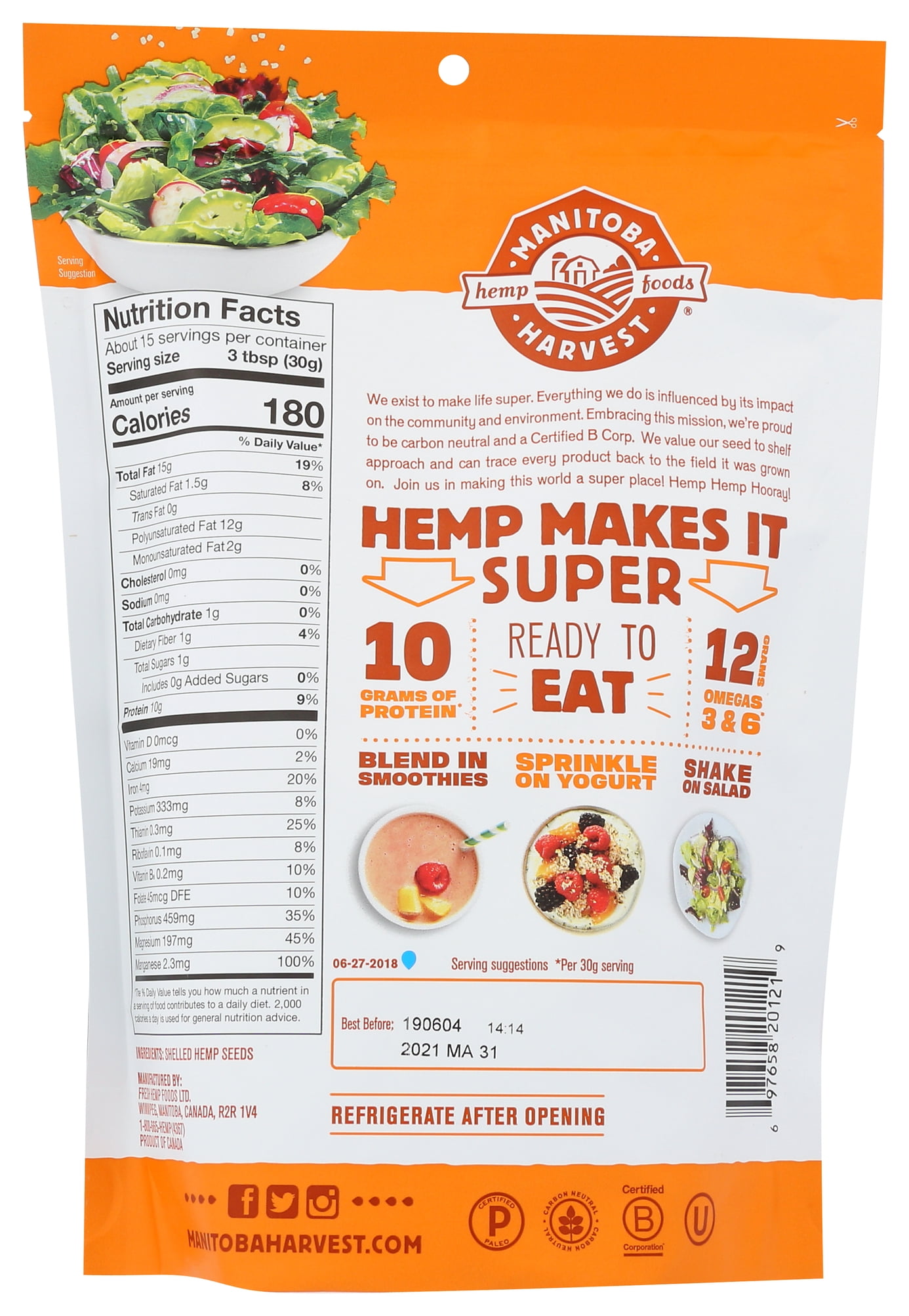 Manitoba Harvest Hemp Hearts 16 oz, Shelled Hemp Seeds, Protein, Omega 3&6, Gluten-Free
