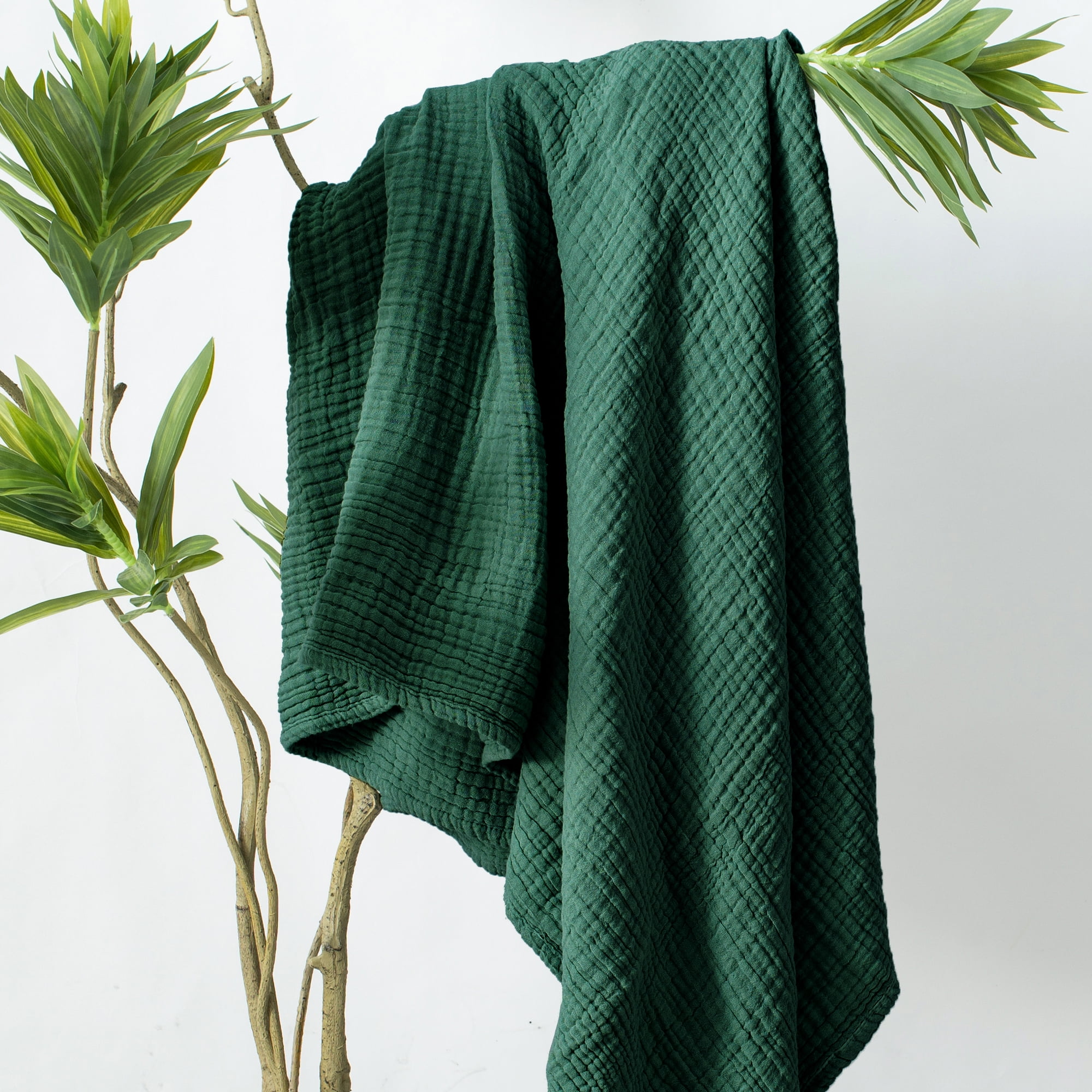 Carriediosa 100% Cotton Muslin Blanket Soft Gauze Blankets for Adults, 108" x 90" King Size Dark Green