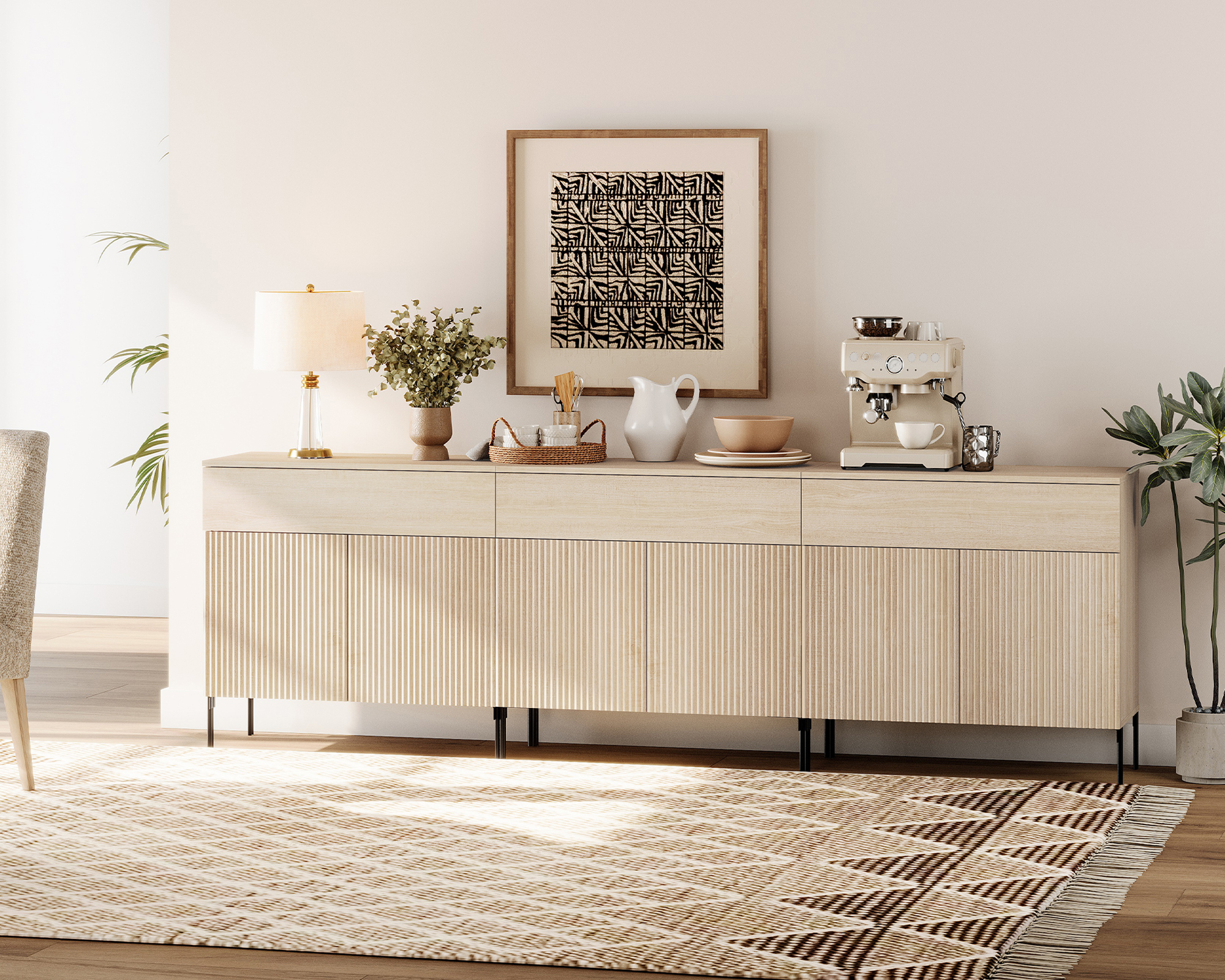 94.5" Wooden Reeded Sideboard with Doors and Drawers, 3-In-1 Modern Wide Credenza Storage Cabinet for Kitchen, Dining Room