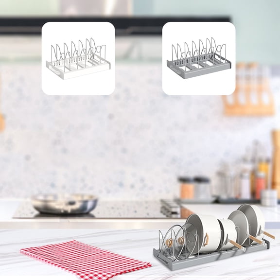 Expandable Pot and Pan Organizer Rack for Cabinet, Adjustable Stainless Steel Pot Lid and Cookware Holder with U-Shape Dividers, White/Gray, 22x8.5 Inch
