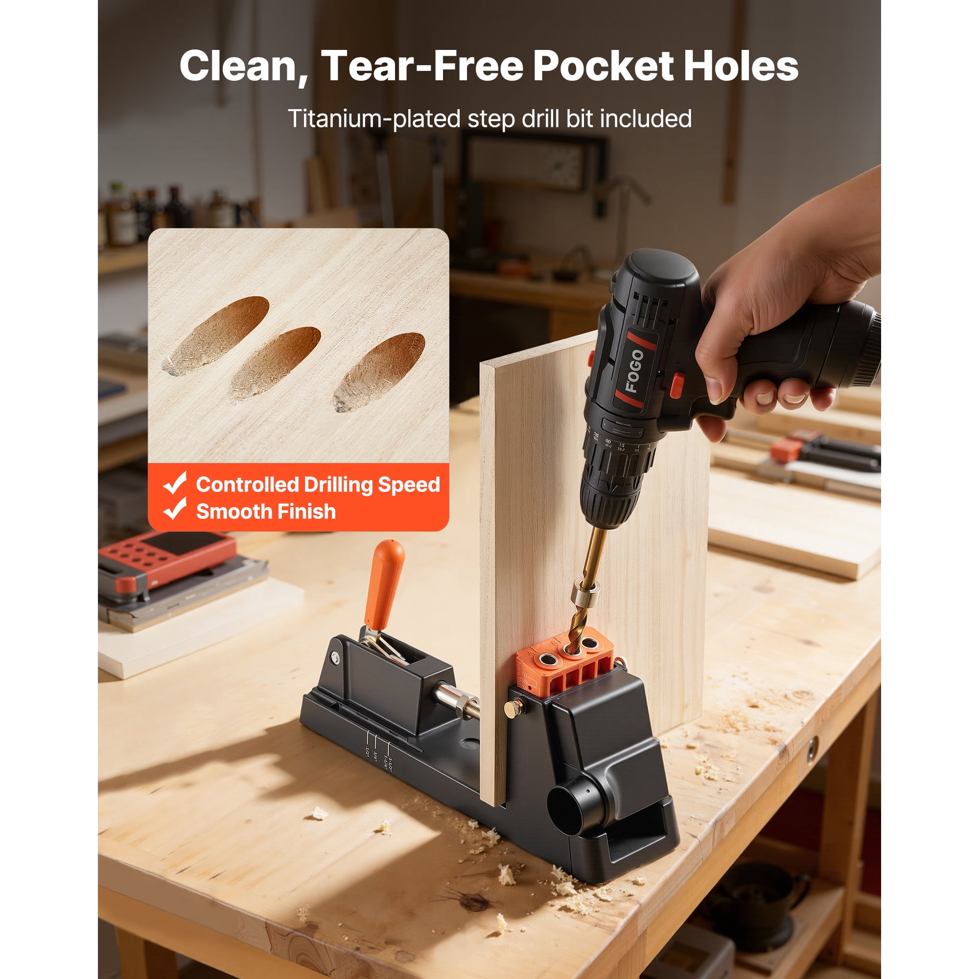 KFFKFF Adjustable Pocket Hole Jig Kit, Compatible with 1/2" to 1-1/2" Materials, Lightweight Design with Dust Collection Adapter, Removable Guide Block, Drill Bit, Stop Collar, and Easy Adjustment