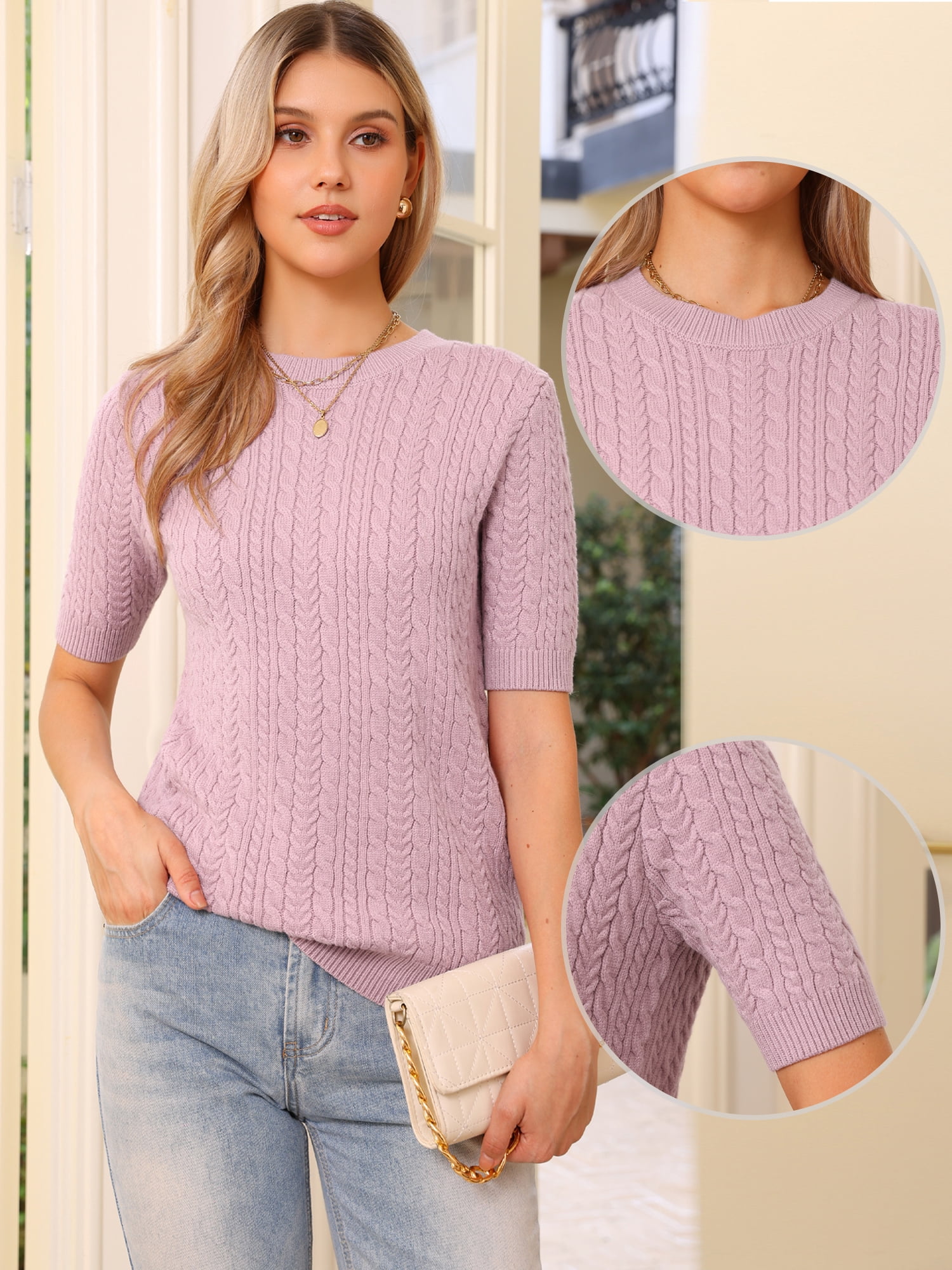 DARING DIVA Women's Lightweight Short Sleeve Sweater L Light Purple