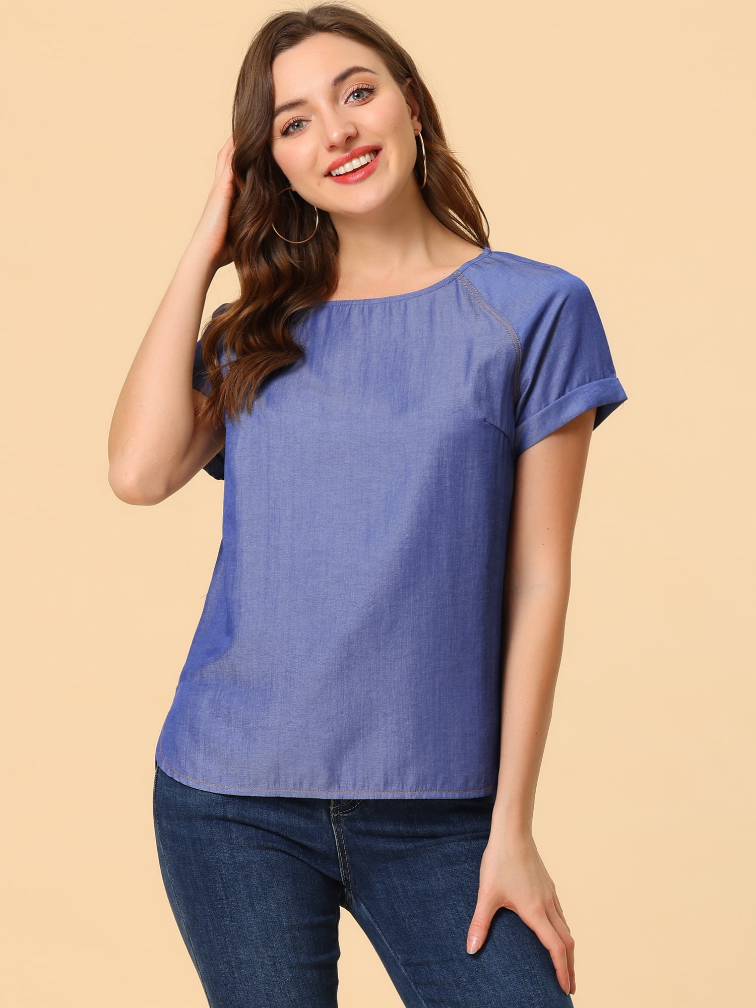 Unique Bargains Women's Raglan Sleeve Round Neck Tencel Denim Chambray Top Shirt M Dark Blue