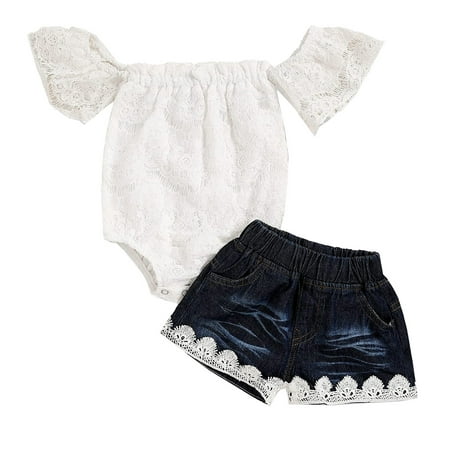 

DNDKILG Infant Baby Toddler Girls 2 Piece Short Sleeve Summer off Shoulder Outfits Lace Bodysuit and Denim Shorts Set Clothes Set with White 0-2Y 100