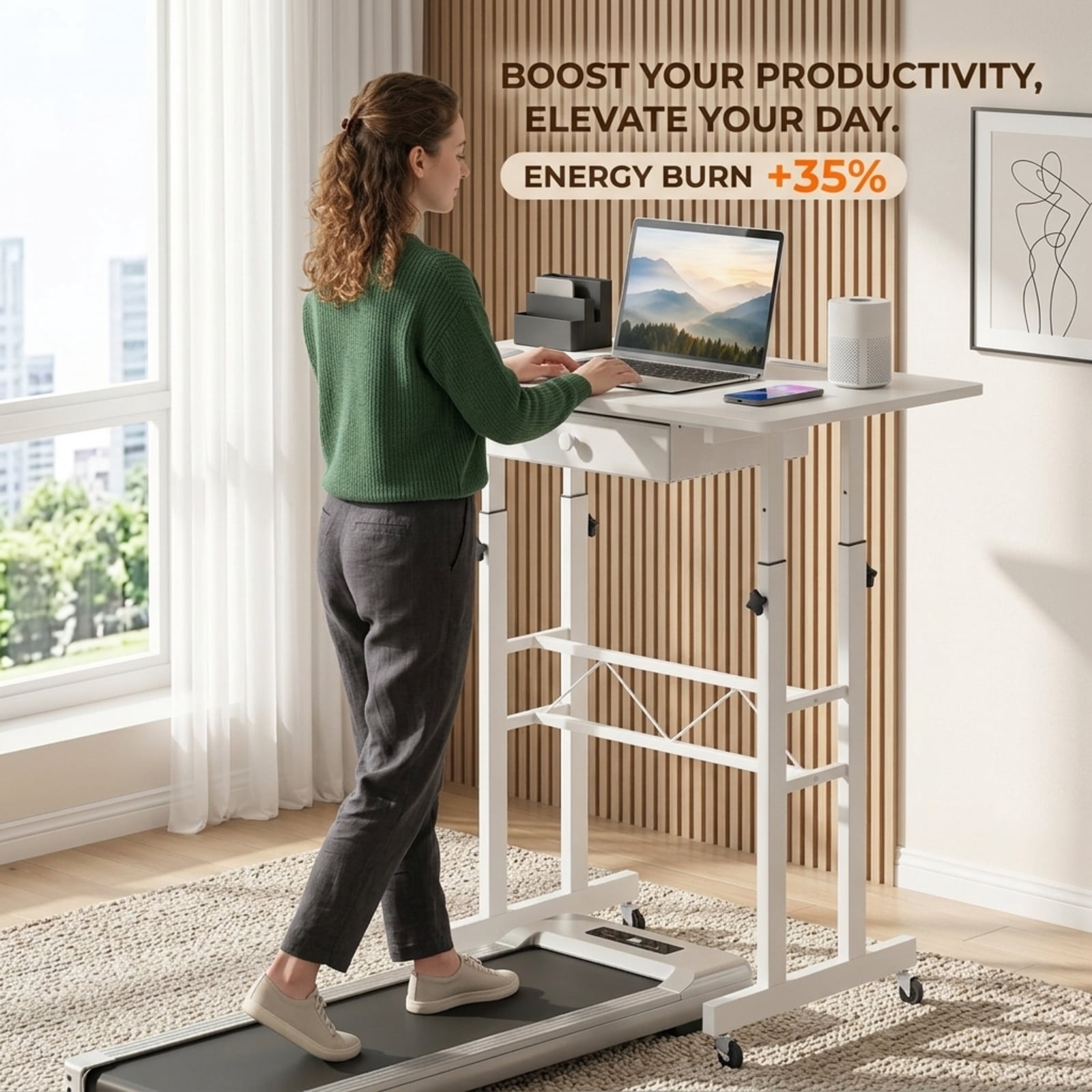 Furnibear Height Adjustable Standing Laptop Desk with Fabric Drawer Tablet Holder Lockable Wheels and Sit Stand Design for Home Office, White