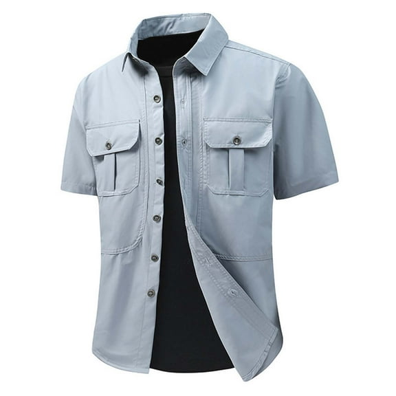 MIXUE Mens Casual Button Down Shirts Solid Color Lapel Short Sleeve Casual Fashion Shirt Tops Streetwear,Blue,L