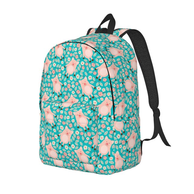 Disketp Pig And Flower print Canvas Backpack Lightweight Travel Daypack Student Rucksack Laptop Backpack-