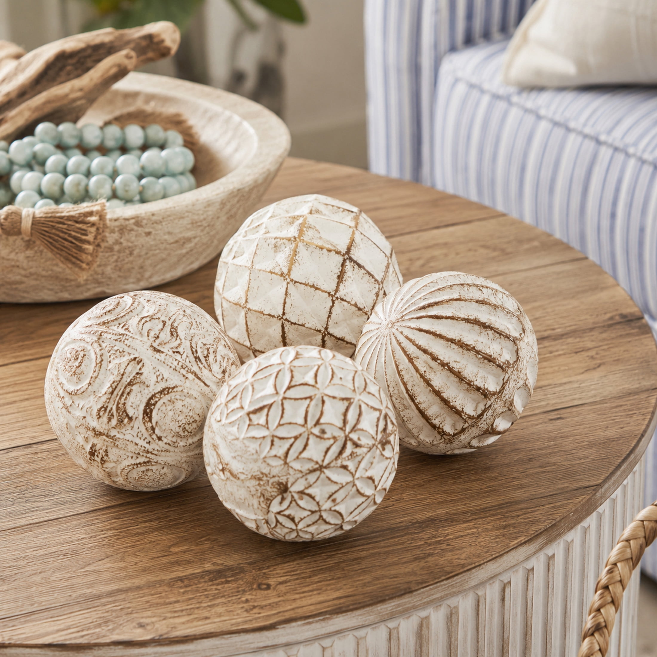 DecMode White 4" Handmade Carved Ceramic Orbs & Vase Filler with Varying Patterns (4 Count)