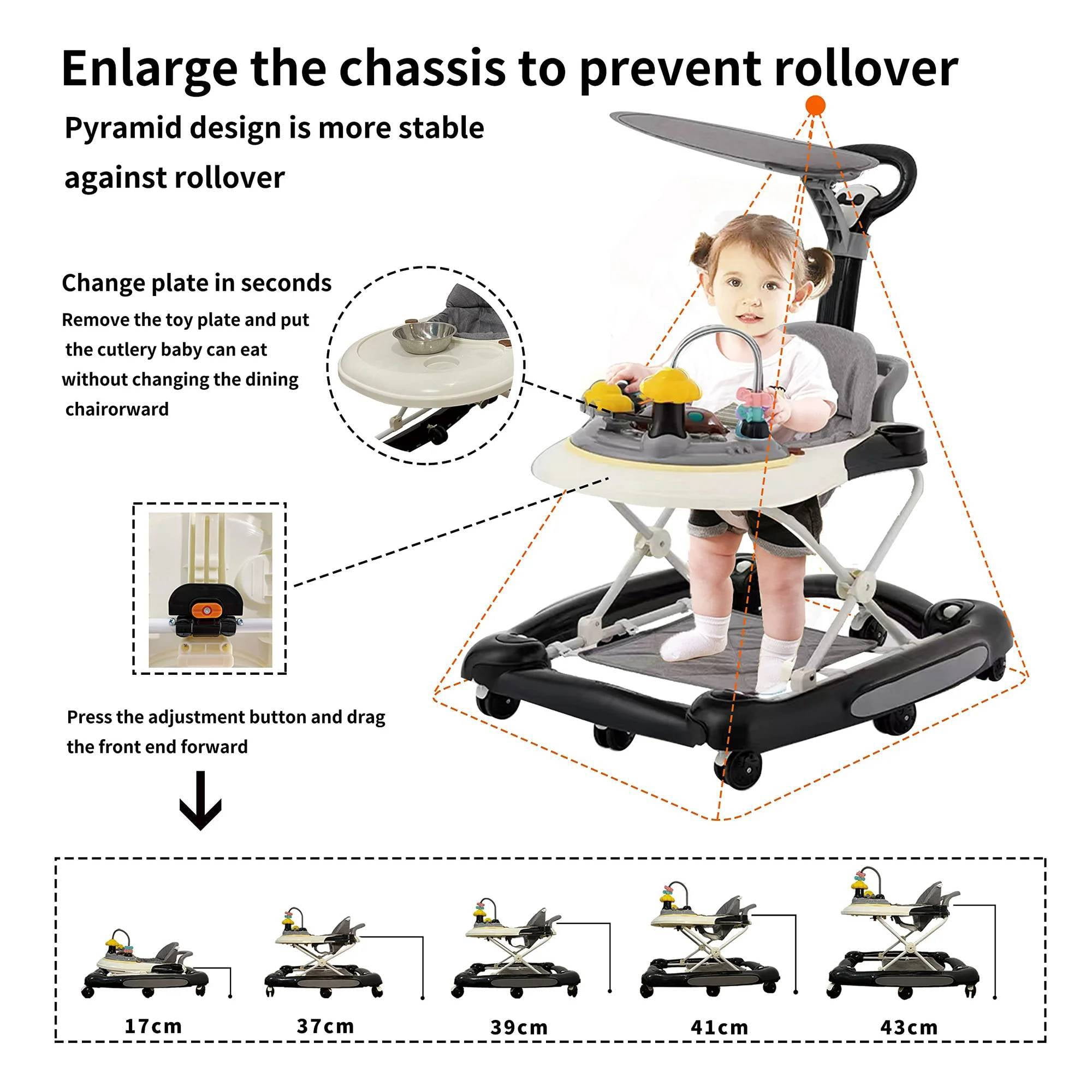 ManyFun 5-in-1 Baby Walker, Musical Activity Push Walker with Detachable Awning Footrest, Adjustable Height, Black