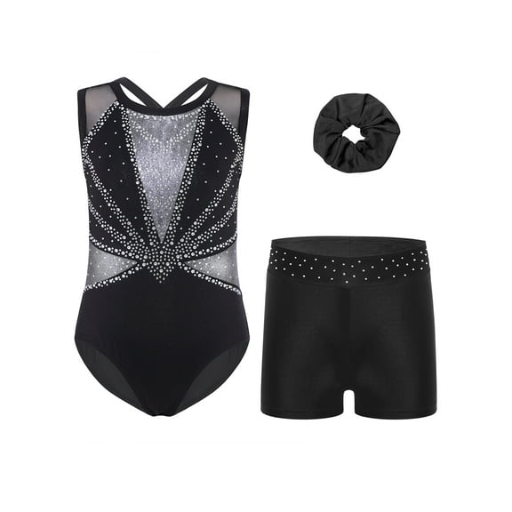 TTAO Kids Girls Glitter Rhinestone Sleeveless Gymnastics Leotard Ballet Dance Biketard Unitard with Shorts Hairband Set Black Silver 5-6