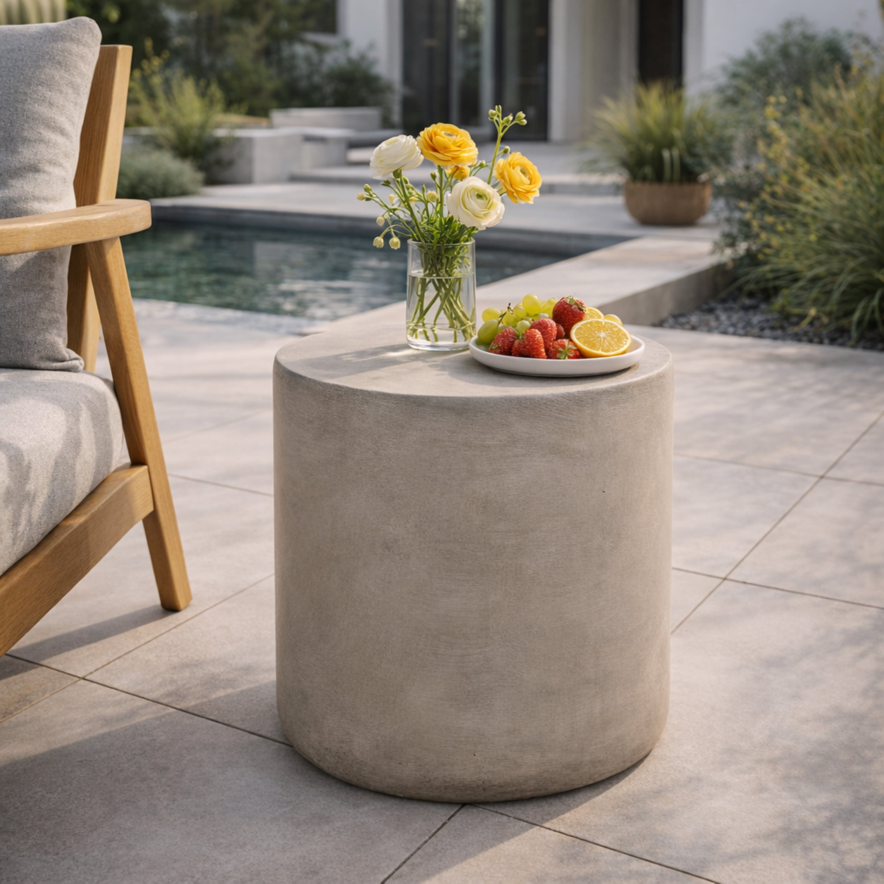 Outdoor Lightweight Concrete End Side Table for Patio Balcony Garden, Light Gray