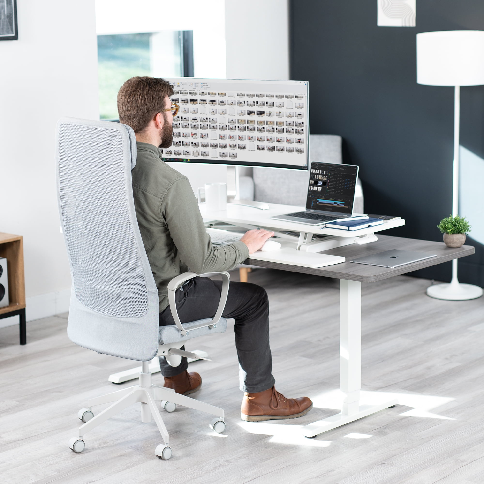 VIVO White Height Adjustable 48" Standing Desk Monitor Riser, Sit Stand Tabletop