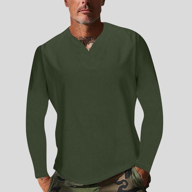 Blusas y camisas de manga larga con cuello en V para hombre, estilo casual, de color liso, con empalme, de manga larga y cuello en V, de poliéster y algodón.
