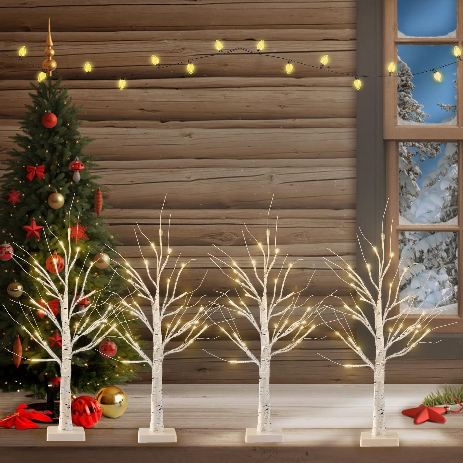 4-Pack 2FT Lighted Birch Tree with Timer for Christmas Decorations Indoor, Artificial Birch Tree with 48 LED Warm White Lights, Fairy Light Tabletop Centerpiece Tree for Christmas Winter