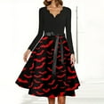 thumbnail image 4 of WTOBBY Women's Flared Halloween Dress Stylish with Bat and Pumpkin Print, V-Neck, Long Sleeves, Hollow Party Design for Casual Retro Fashion Wear ,Deep Red 2XL, 4 of 4