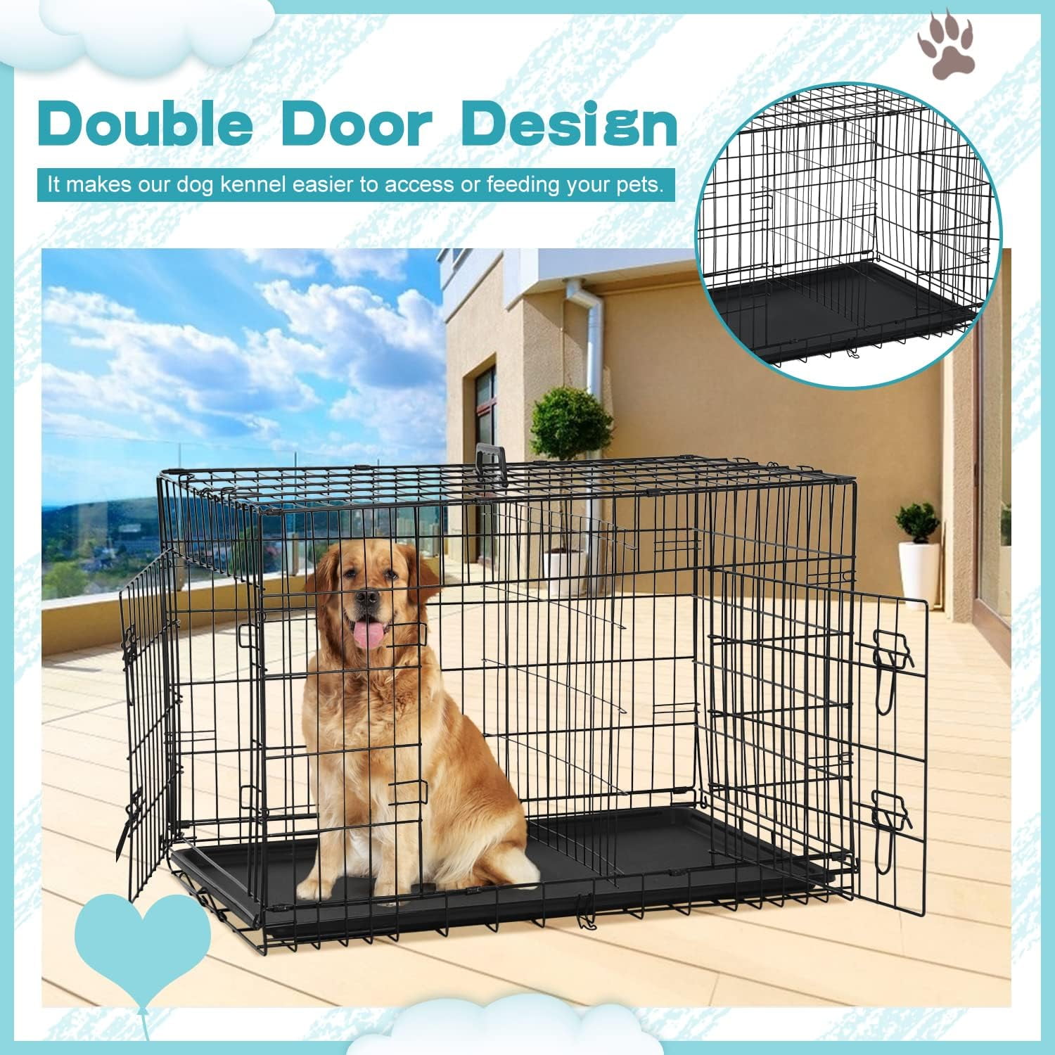 XF XINFENG 24" Heavy-Duty Foldable Metal Dog Crate for Small Dogs - Double-Door Design Dog Cage Kennel w/Divider, Tray & Handle (Black)