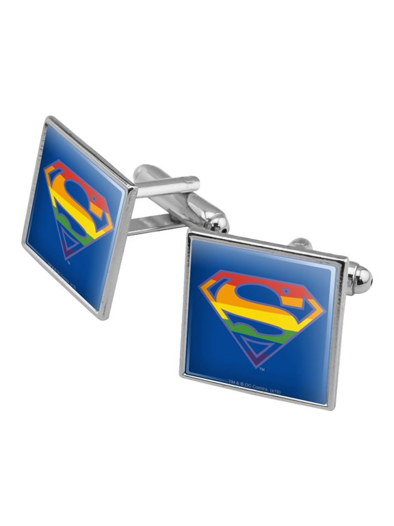 Superman Rainbow Shield Logo Square Cufflink Set - Silver or Gold