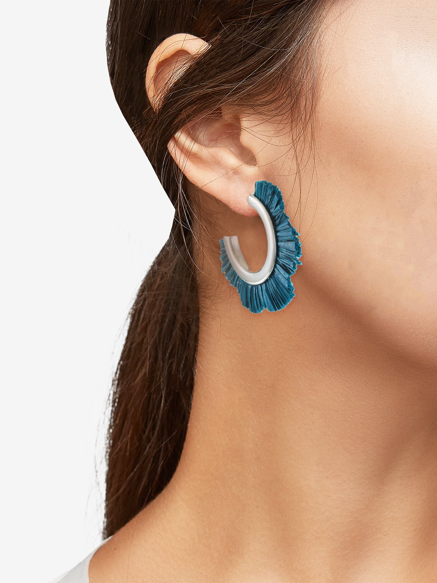Time and Tru Woven Raffia and Silvertone Hoop Earring, Teal, 1 Pair