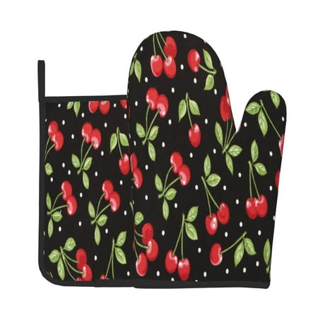 

Lukts Sweet Red Cherry Print Kitchen Heat-Resistant Gloves and Spacers 2pcs Set Suitable for Baking and Cooking