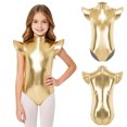 thumbnail image 5 of Hansber Girls Gymnastics Leotard Metallic Shiny Flying Sleeve Mock Neck Dance Bodysuit One Piece Tumbling Outfit Gold 14, 5 of 7