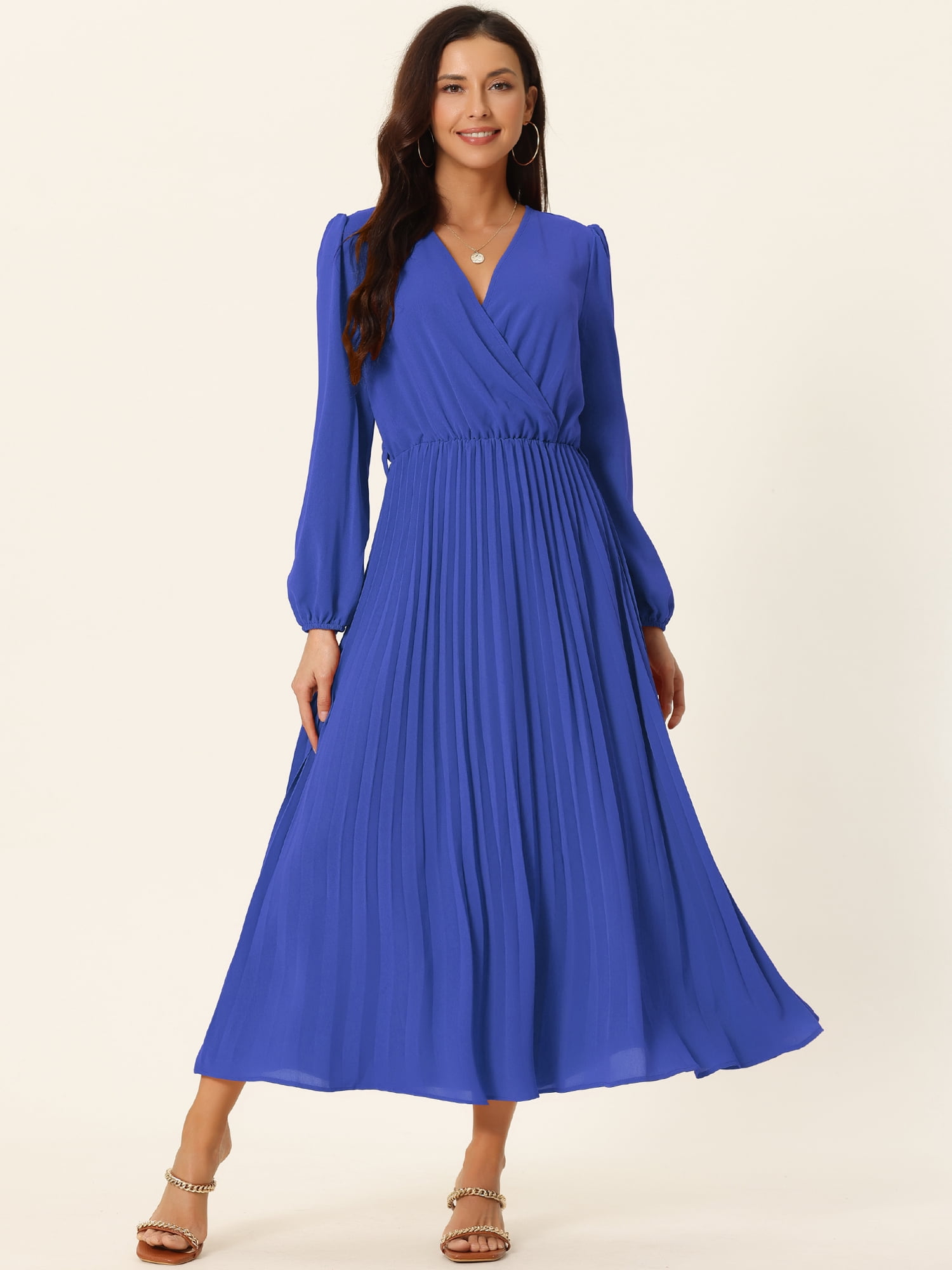 Unique Bargains Women's Long Puff Sleeve Flowy Ruffle Pleated Dress with Belt S Royal Blue