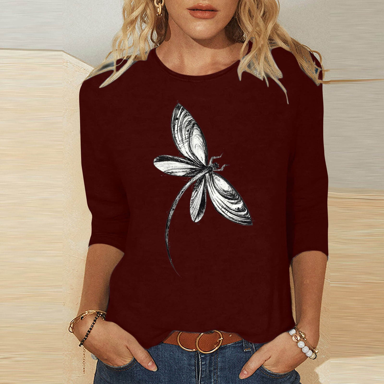Zanvin Womens Fall Tops On Clearance Women s Fashion Printed Loose T Shirt Mid Length 3 4 Sleeves Blouse Round Neck Casual Tops anniversary Gift Othe